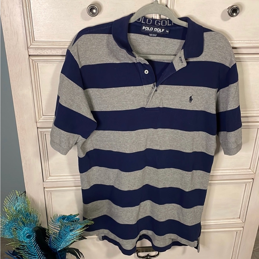Men's Polo Golf Ralph Lauren Blue & Gray Striped Polo Shirt 100% Cotton